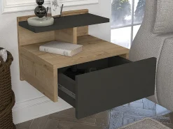 Mesa de cabeceira suspensa com 1 gaveta e 1 prateleira natural e antracite - AZELNO