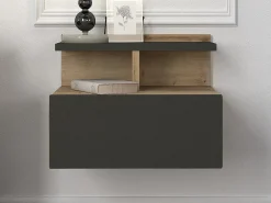 Mesa de cabeceira suspensa com 1 gaveta e 1 prateleira natural e antracite - AZELNO