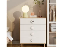 Mesa de cabeceira 80x54x90 cm - com 4 gavetas - envernizada + painéis de partículas - branco + natural