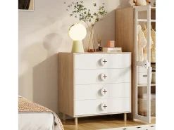 Mesa de cabeceira 80x54x90 cm - com 4 gavetas - envernizada + painéis de partículas - branco + natural