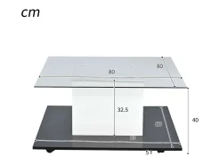 Mesa de café quadrada giratória - com LEDs ajustáveis ​​e rodízios de freio - Painel de vidro e partículas - branco e preto - 80x80x40cm