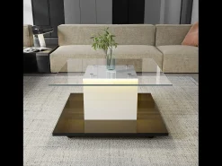 Mesa de café quadrada giratória - com LEDs ajustáveis e rodízios de freio - Painel de vidro e partículas - branco e preto - 80x80x40cm