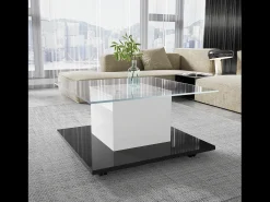 Mesa de café quadrada giratória - com LEDs ajustáveis e rodízios de freio - Painel de vidro e partículas - branco e preto - 80x80x40cm