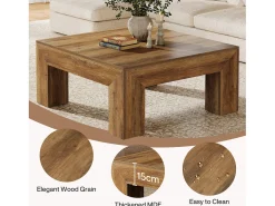Mesa de Café Quadrada para Sala de Estar, Mesa de Chá Central Baixa e Grande Cor Marrom Rústico
