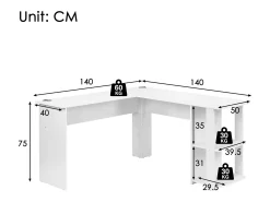 Mesa de canto - 140 x 140 x 75 cm - Mesa de computador em L com 2 prateleiras - aglomerado - branco
