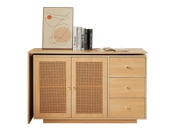 Mesa de canto com 3 gavetas e 2 portas de vime - 126 x 40 x 75 cm - MDF - Natural