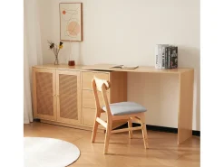 Mesa de canto com 3 gavetas e 2 portas de vime - 126 x 40 x 75 cm - MDF - Natural