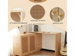Mesa de canto com 3 gavetas e 2 portas de vime - 126 x 40 x 75 cm - MDF - Natural