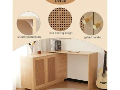Mesa de canto com 3 gavetas e 2 portas de vime - 126 x 40 x 75 cm - MDF - Natural