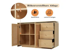 Mesa de canto com 3 gavetas e 2 portas de vime - 126 x 40 x 75 cm - MDF - Natural