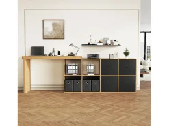 Mesa de canto com tampo giratório 360° - 140 x 120 x 78 cm - em formato de L ou reta - com 4 prateleiras + 4 gavetas - MDF - preto + natural