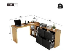 Mesa de canto com tampo giratório 360° - 140 x 120 x 78 cm - em formato de L ou reta - com 4 prateleiras + 4 gavetas - MDF - preto + natural