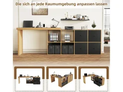 Mesa de canto com tampo giratório 360° - 140 x 120 x 78 cm - em formato de L ou reta - com 4 prateleiras + 4 gavetas - MDF - preto + natural