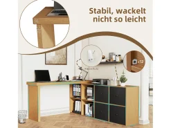 Mesa de canto com tampo giratório 360° - 140 x 120 x 78 cm - em formato de L ou reta - com 4 prateleiras + 4 gavetas - MDF - preto + natural