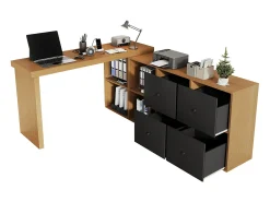 Mesa de canto com tampo giratório 360° - 140 x 120 x 78 cm - em formato de L ou reta - com 4 prateleiras + 4 gavetas - MDF - preto + natural