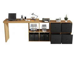 Mesa de canto com tampo giratório 360° - 140 x 120 x 78 cm - em formato de L ou reta - com 4 prateleiras + 4 gavetas - MDF - preto + natural