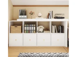 Mesa de canto com tampo giratório 360° - 140 x 120 x 78 cm - em formato de L ou reta - com 4 prateleiras + 4 gavetas - MDF - branca
