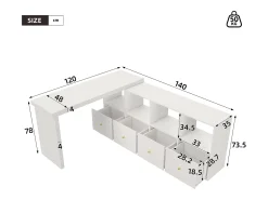 Mesa de canto com tampo giratório 360° - 140 x 120 x 78 cm - em formato de L ou reta - com 4 prateleiras + 4 gavetas - MDF - branca
