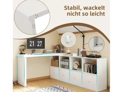 Mesa de canto com tampo giratório 360° - 140 x 120 x 78 cm - em formato de L ou reta - com 4 prateleiras + 4 gavetas - MDF - branca
