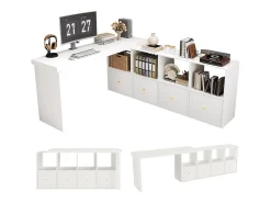 Mesa de canto com tampo giratório 360° - 140 x 120 x 78 cm - em formato de L ou reta - com 4 prateleiras + 4 gavetas - MDF - branca