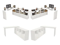 Mesa de canto com tampo giratório 360° - 140 x 120 x 78 cm - em formato de L ou reta - com 4 prateleiras + 4 gavetas - MDF - branca