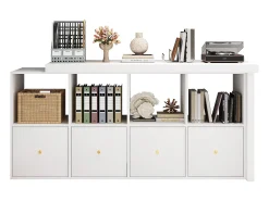 Mesa de canto com tampo giratório 360° - 140 x 120 x 78 cm - em formato de L ou reta - com 4 prateleiras + 4 gavetas - MDF - branca