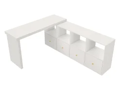 Mesa de canto com tampo giratório 360° - 140 x 120 x 78 cm - em formato de L ou reta - com 4 prateleiras + 4 gavetas - MDF - branca