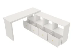 Mesa de canto com tampo giratório 360° - 140 x 120 x 78 cm - em formato de L ou reta - com 4 prateleiras + 4 gavetas - MDF - branca