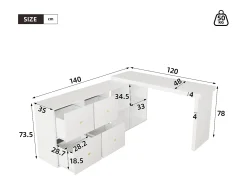 Mesa de canto com tampo giratório 360° - 140 x 120 x 78 cm - em formato de L ou reta - com 4 compartimentos + 4 gavetas - MDF - branca