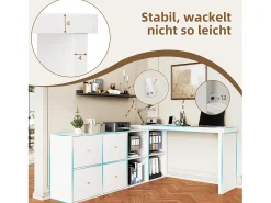 Mesa de canto com tampo giratório 360° - 140 x 120 x 78 cm - em formato de L ou reta - com 4 compartimentos + 4 gavetas - MDF - branca