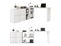 Mesa de canto com tampo giratório 360° - 140 x 120 x 78 cm - em formato de L ou reta - com 4 compartimentos + 4 gavetas - MDF - branca