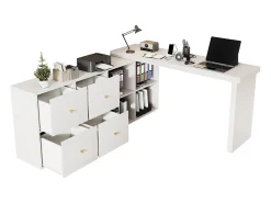 Mesa de canto com tampo giratório 360° - 140 x 120 x 78 cm - em formato de L ou reta - com 4 compartimentos + 4 gavetas - MDF - branca