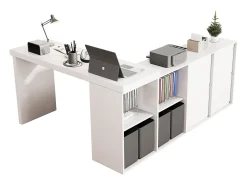 Mesa de canto com tampo giratório 360° - 140 x 120 x 78 cm - em formato de L ou reta - com 4 compartimentos + 4 gavetas - MDF - branca