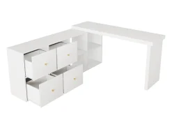Mesa de canto com tampo giratório 360° - 140 x 120 x 78 cm - em formato de L ou reta - com 4 compartimentos + 4 gavetas - MDF - branca