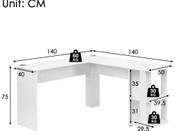Mesa de canto em L de 140cm com 2 prateleiras - Branco