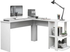 Mesa de canto em L de 140cm com 2 prateleiras - Branco