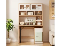 Mesa de canto extensível com tampo giratório, amplo espaço de armazenamento integrado, em MDF natural claro - 110x55x180cm