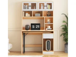 Mesa de canto extensível com tampo giratório, amplo espaço de armazenamento integrado, em MDF natural claro - 110x55x180cm