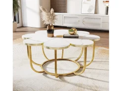 Mesa de centro branca e dourada, mesa de centro moderna em forma de flor de 100 cm com tampo em mármore falso, mesa central com detalhes florais e estrutura metálica para sala de estar, quarto