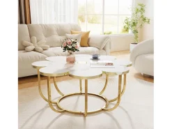 Mesa de centro branca e dourada, mesa de centro moderna em forma de flor de 100 cm com tampo em mármore falso, mesa central com detalhes florais e estrutura metálica para sala de estar, quarto