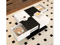 Mesa de centro brilhante 70×70×35,5 cm - quadrada - com 2 gavetas - painel de partículas - preto e branco