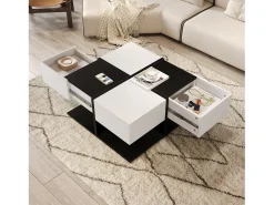 Mesa de centro brilhante 70×70×35,5 cm - quadrada - com 2 gavetas - painel de partículas - preto e branco