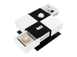 Mesa de centro brilhante 70×70×35,5 cm - quadrada - com 2 gavetas - painel de partículas - preto e branco