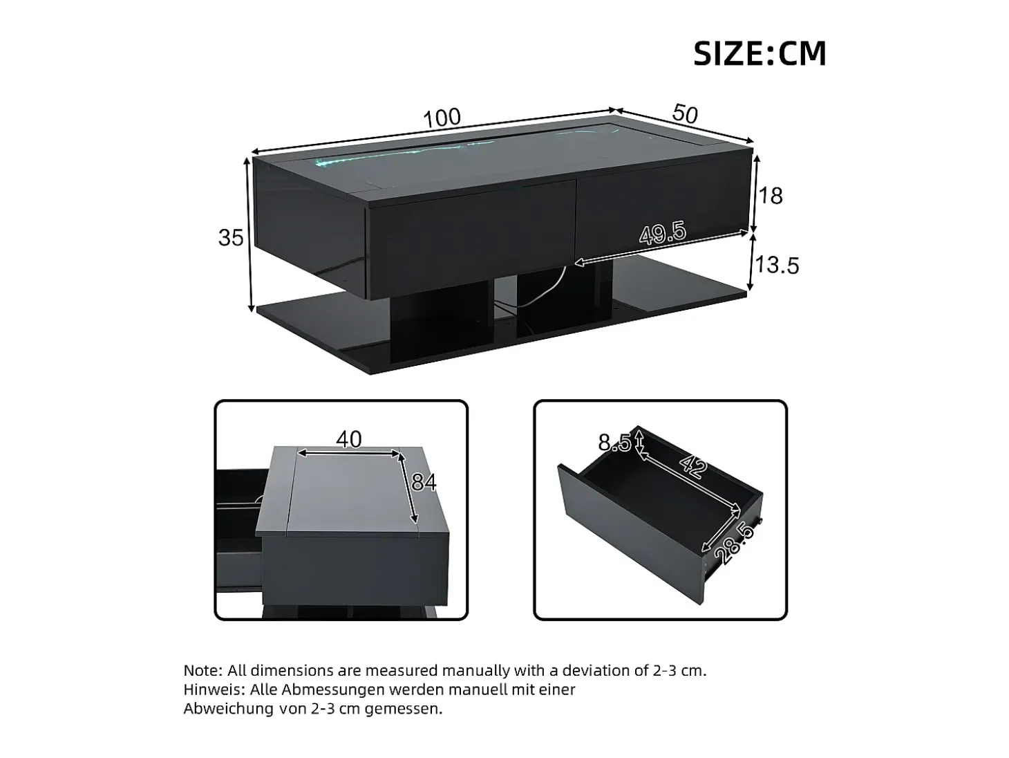 Mesa de centro brilhante 100×50×35 cm - 2 gavetas - com iluminação LED - tampo de vidro - painel de partículas - preto