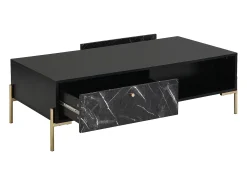 Mesa de centro com 2 gavetas e 2 nichos MDF efeito mármore preto e dourado - CIEMILA