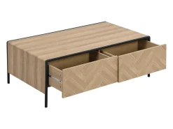 Mesa de centro com 2 gavetas em MDF e aço natural claro e preto - TUMACO