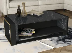 Mesa de centro com 1 nicho efeito mármore preto e dourado COMEBI