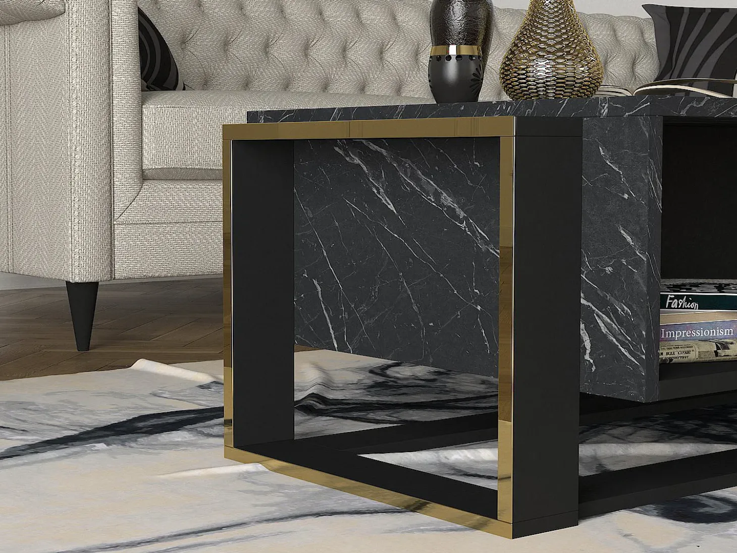 Mesa de centro com 1 nicho efeito mármore preto e dourado COMEBI