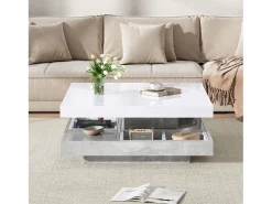 Mesa de centro com arrumação 70x70x36 cm - tampo brilhante giratório 360° - Branco e Cinza