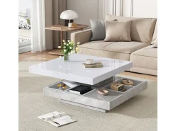 Mesa de centro com arrumação 70x70x36 cm - tampo brilhante giratório 360° - Branco e Cinza